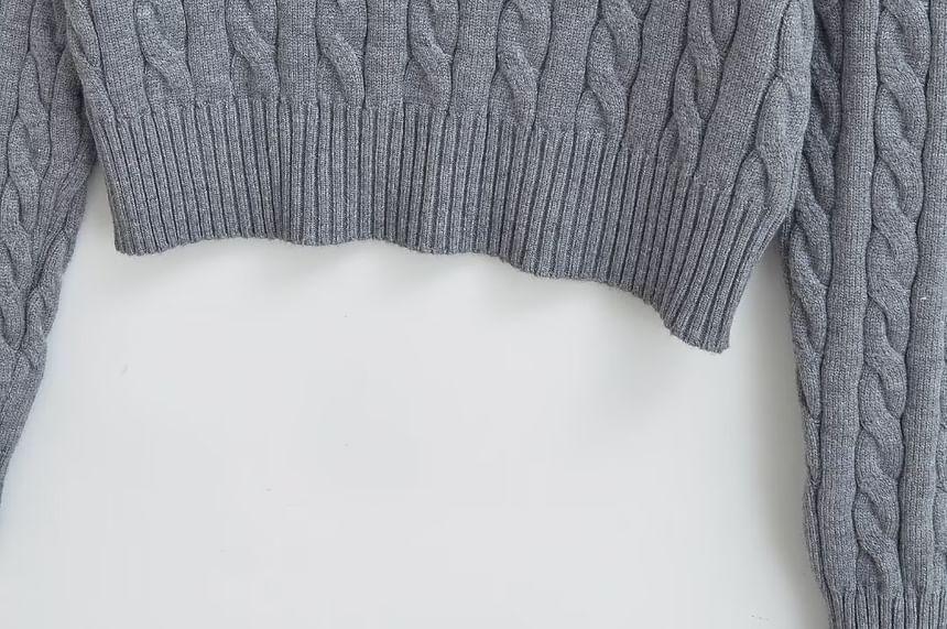 V-Neck Cable Knit Plain Crop Sweater Product Image