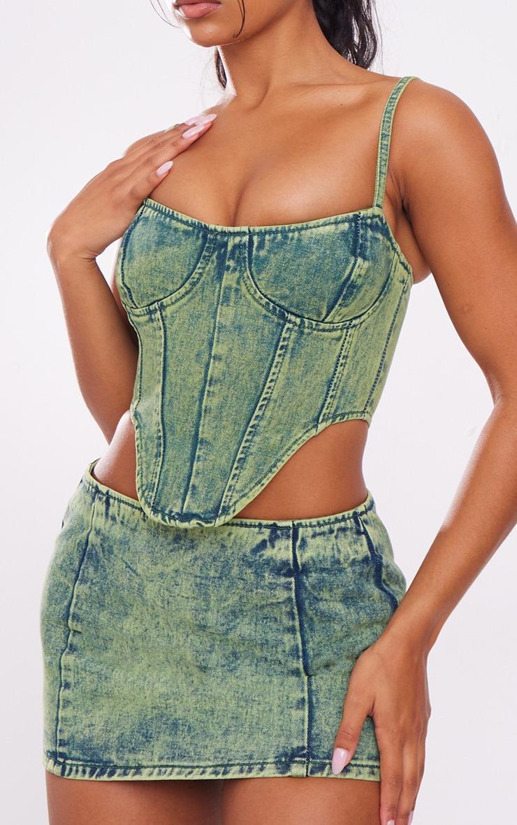 Green Tint Vintage Wash Curved Hem Denim Corset Top Product Image