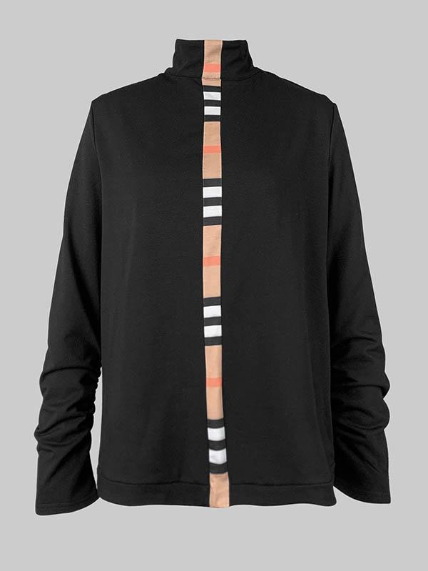 Long Sleeves Loose Contrast Color Printed High Neck T-Shirts Tops Product Image