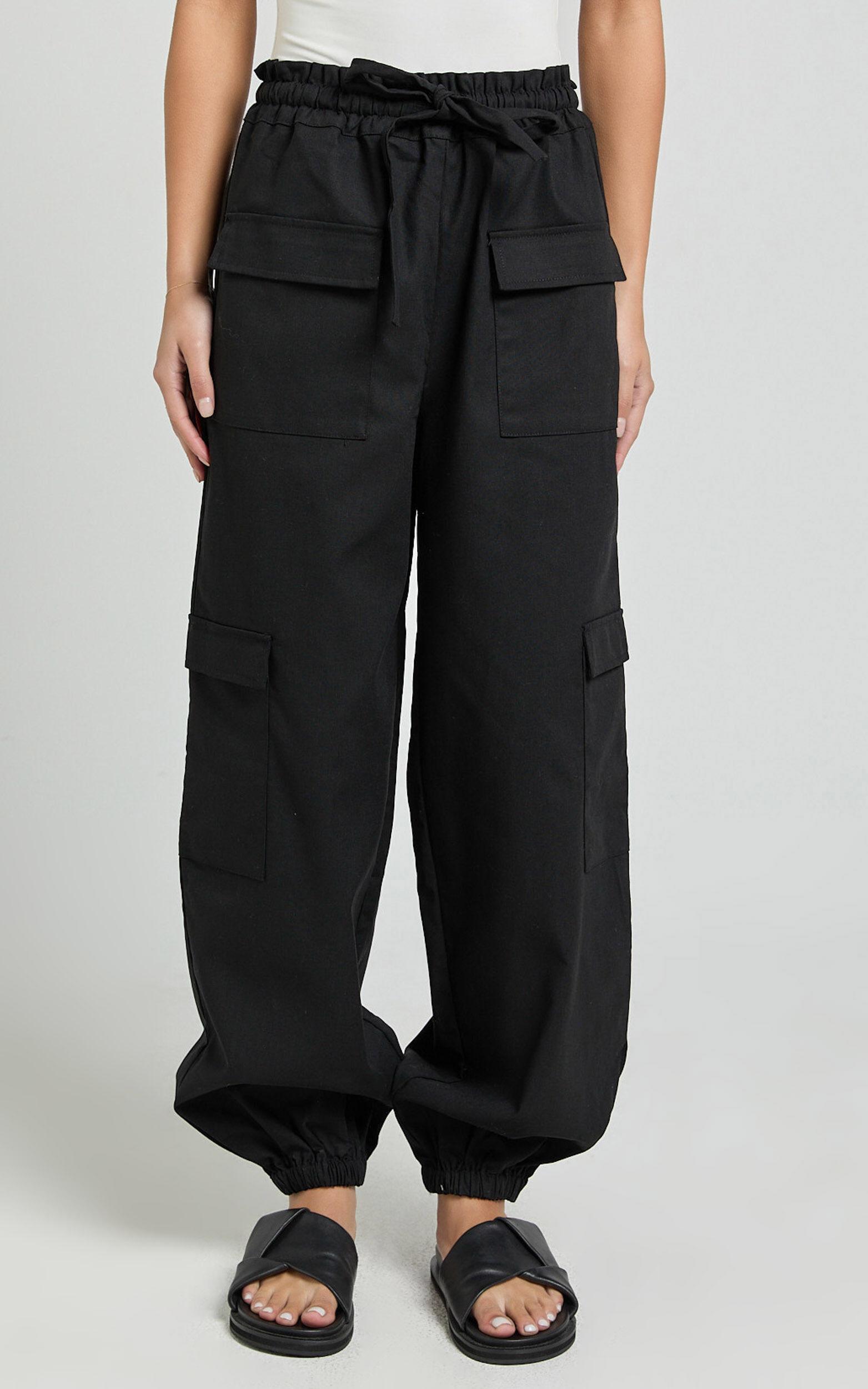 Simpson Pants - Linen Tie Waist Pocket Detail Cargo Pants in Black Product Image