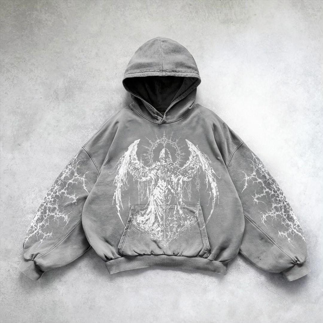 Vintage Pattern Print Acid Washed Oversized Hoodie Product Image