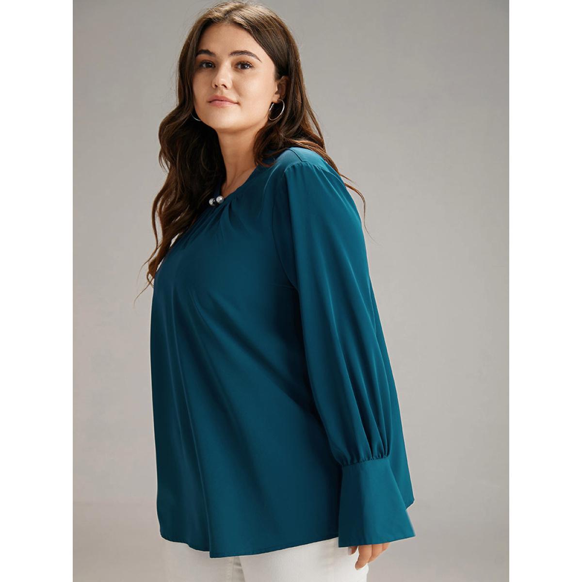 Plus Size Aegean Plain Pearl Beaded Plicated Detail Blouse Women Office Long Sleeve Round Neck Work Blouses BloomChic 30/6X Product Image
