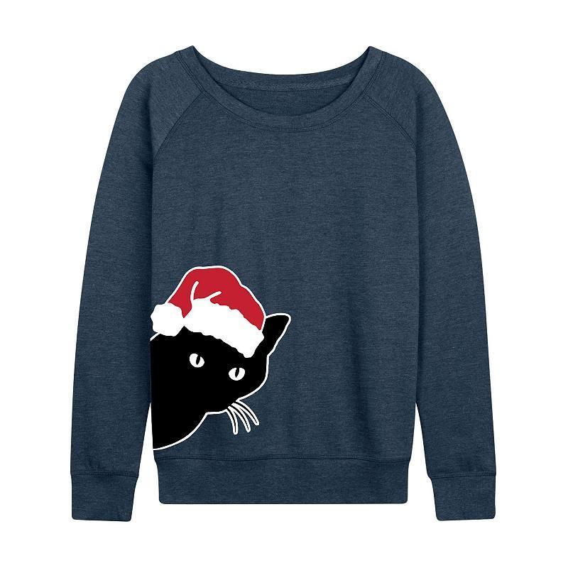 Womens Peeking Cat French Terry Long Sleeve Tee Grey Green Product Image