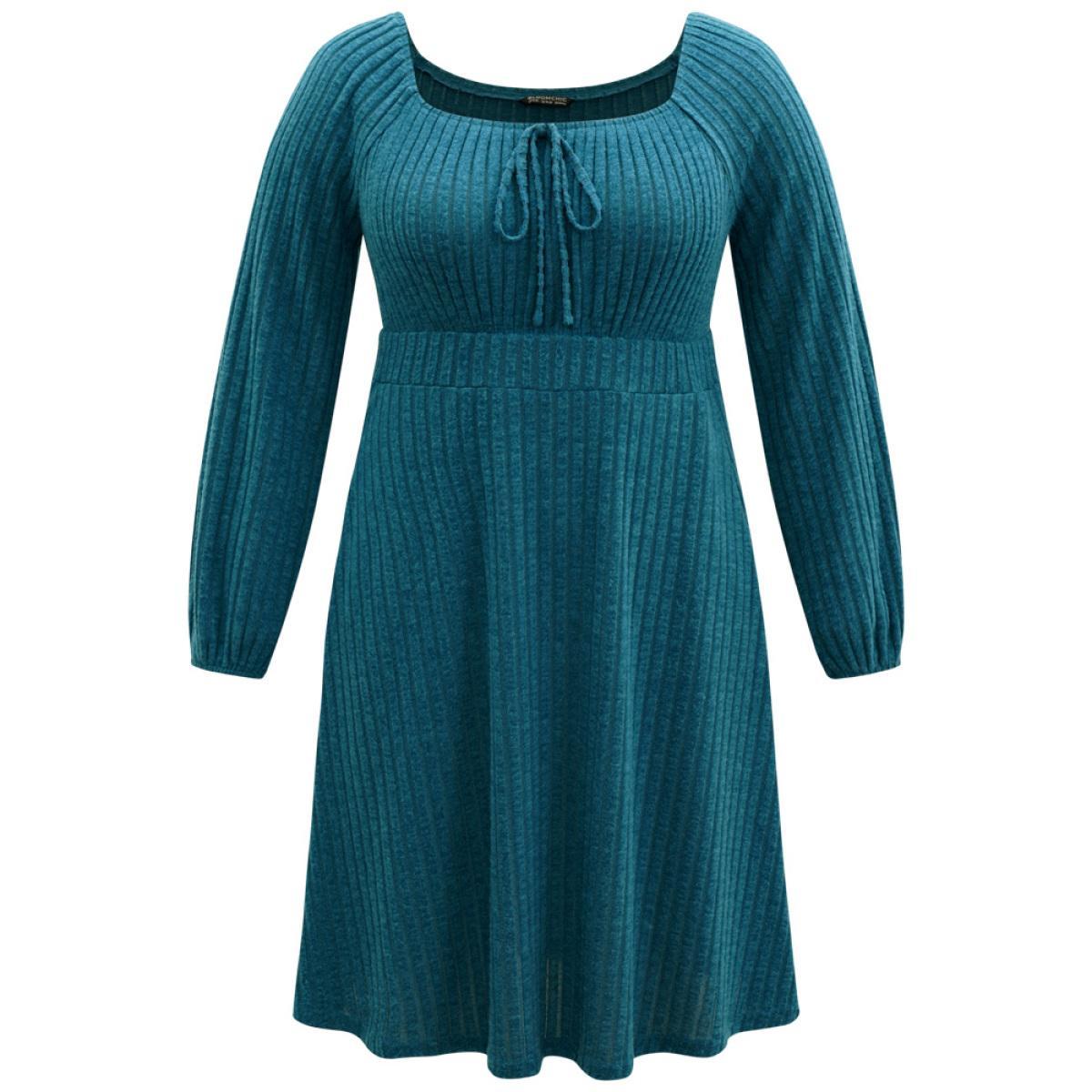 Plus Size Rib Knit Ties Square Neck Lantern Sleeve Dress Aegean Women Casual Elastic cuffs Square Neck Long Sleeve Curvy Midi Dress BloomChic 30/6X Product Image