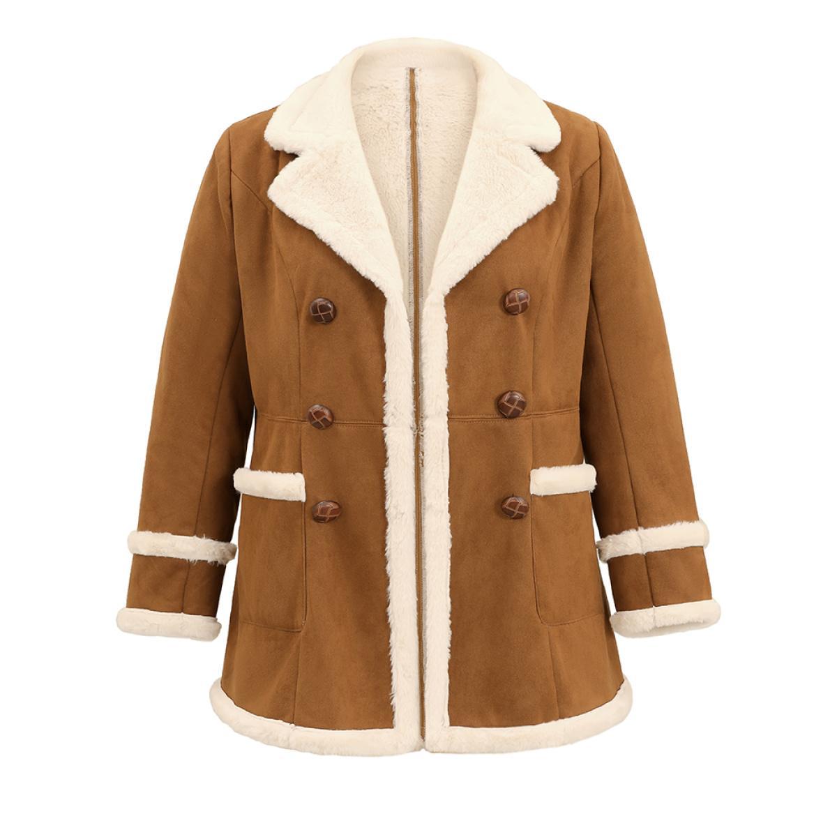 Plus Size Faux Suede Buckle Detail Fuzzy Trim Coat Women Chocolate Casual Lined Ladies Dailywear Winter Coats BloomChic 10/M Product Image