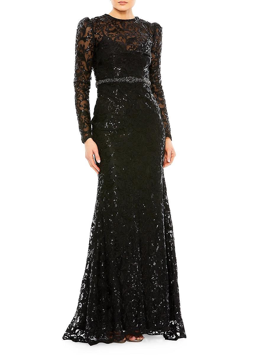 Womens Embellished Long-Sleeve Gown Product Image