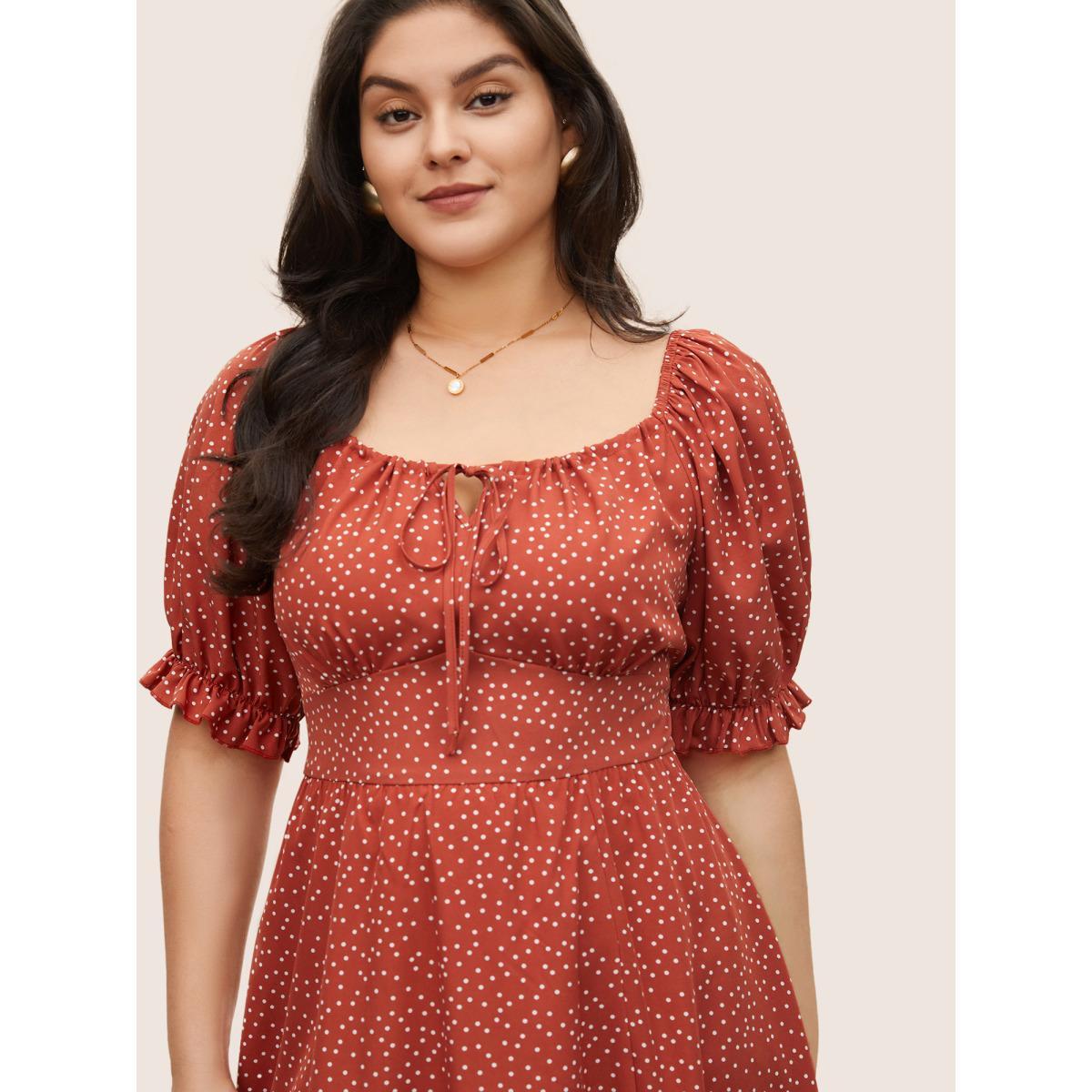 Plus Size Polka Dot Ties Lantern Sleeve Gathered Dress Rust Women Elegant Non Square Neck Short sleeve Curvy Midi Dress BloomChic 22-24/3X Product Image