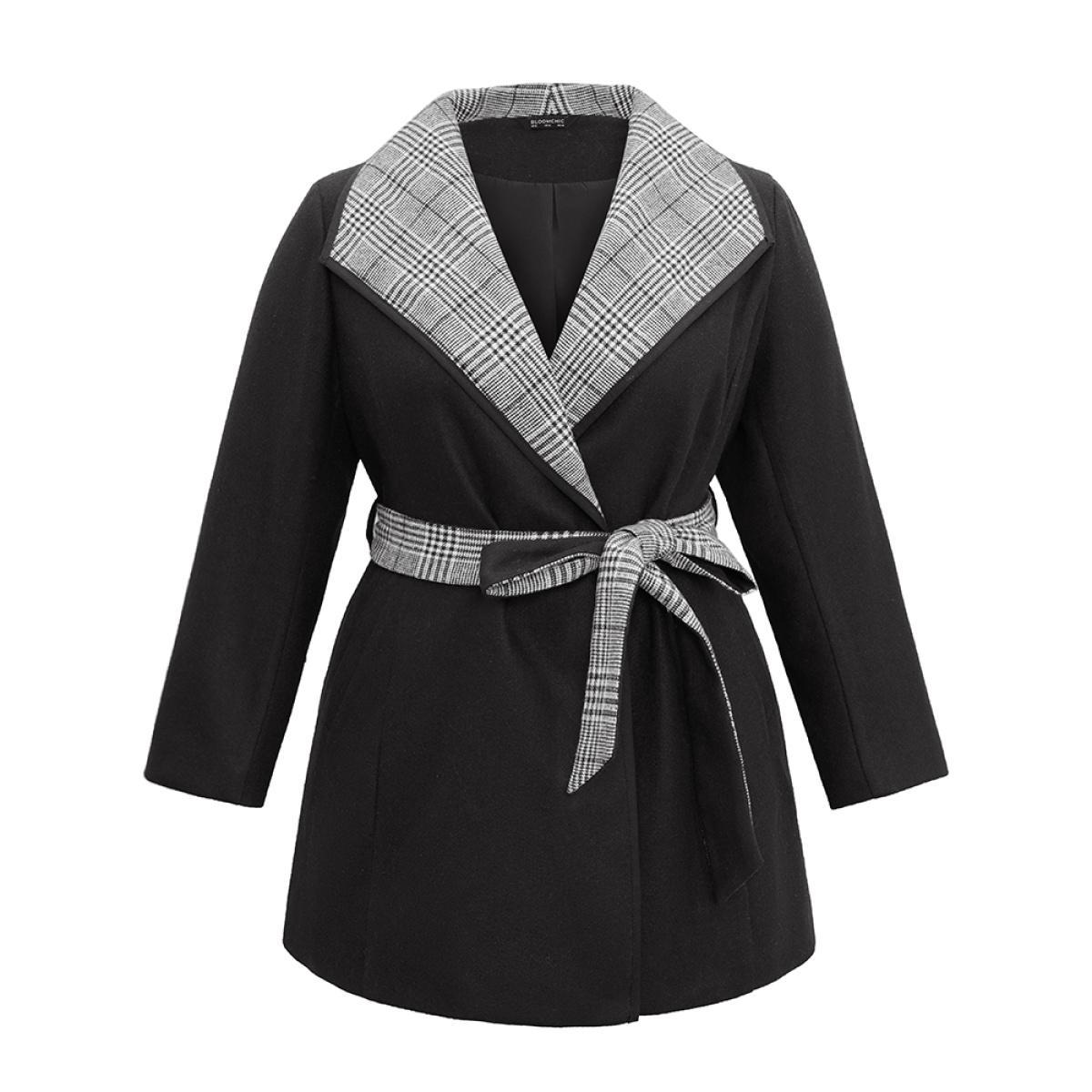 Plus Size Lapel Collar Patchwork Belted Contrast Coat Women Black Casual Lined Ladies Everyday Winter Coats BloomChic 22-24/3X Product Image