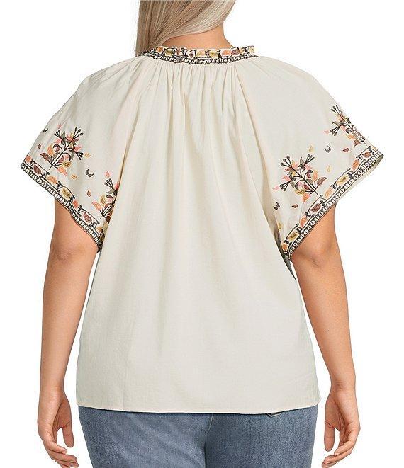 Democracy Plus Size Floral Embroidered Ruffle Split V-Neck Short Batwing Sleeve Top Product Image