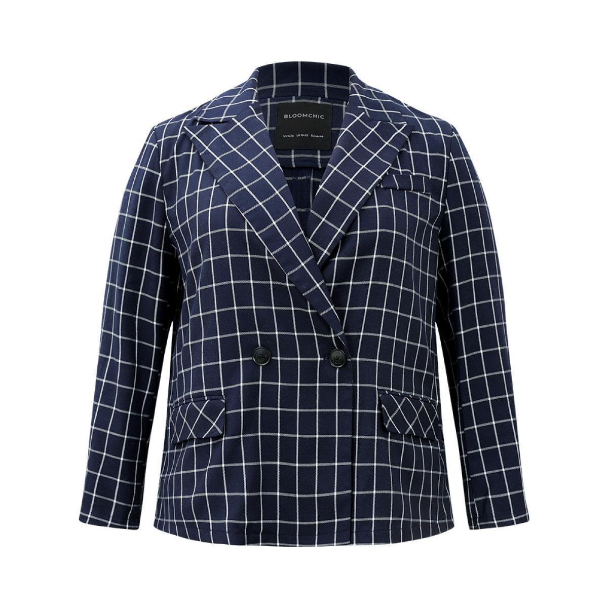 Plus Size Plaid Flap Detail Suit Collar Button Up Blazer DarkBlue Women Dailywear Plaid Contrast Sleeve Long Sleeve Suit Collar 18-20/2X Pocket Casual Blazers BloomChic Product Image