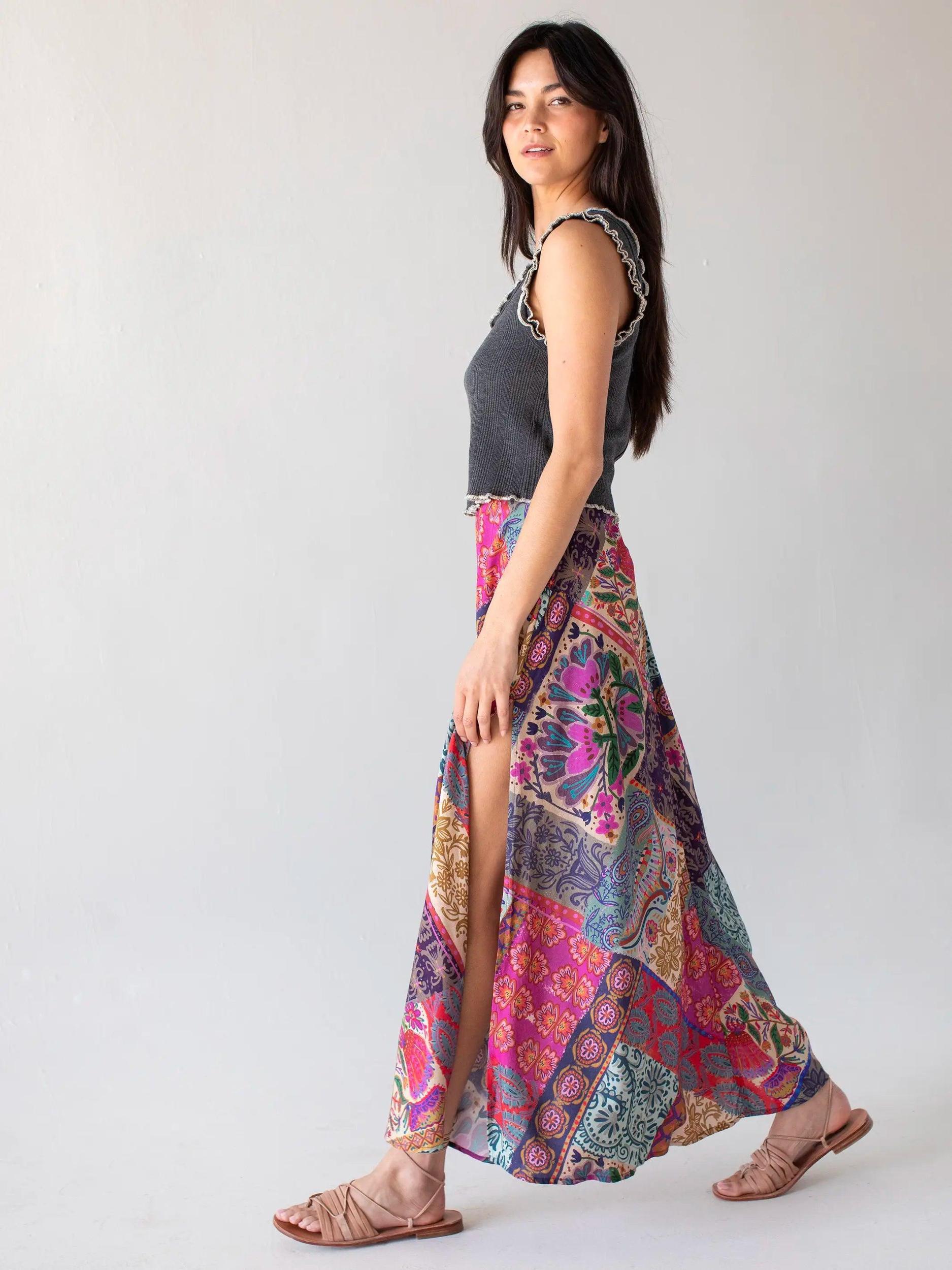Ginger Side-Slit Maxi Skirt - Dark Patchwork Product Image