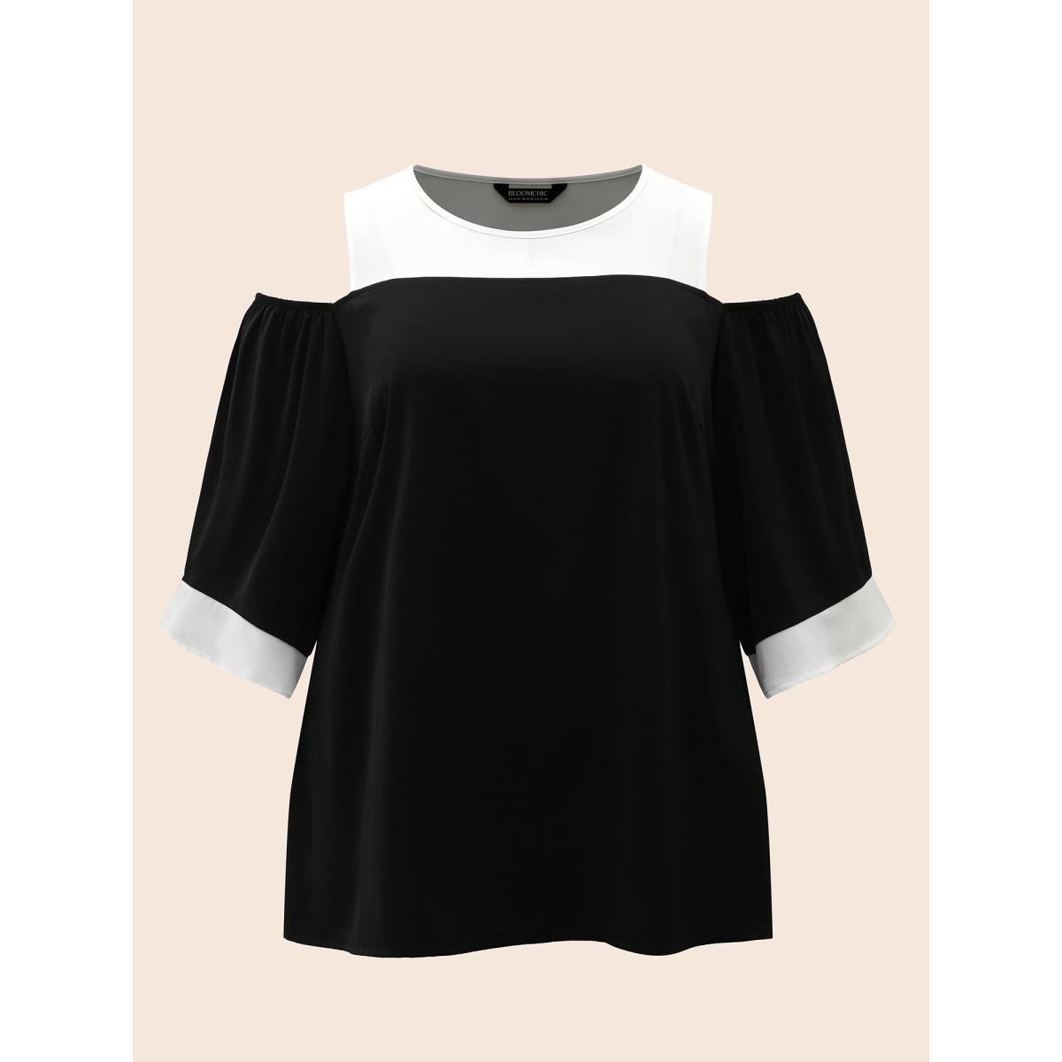 Plus Size Black Color-Block Off-Shoulder Pleated Blouse Women Elegant Elbow-length sleeve Round Neck Everyday Blouses BloomChic 30/6X Product Image