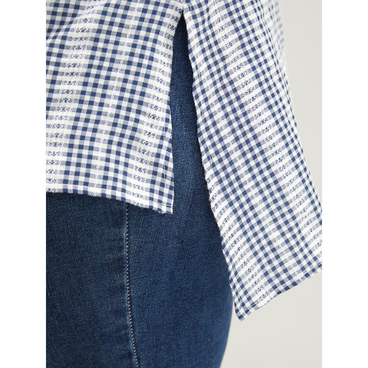 Plus Size Stone Plaid Shirt Collar Button Up Cuffed Sleeve Split Blouse Women Office Short sleeve Shirt collar Work Blouses BloomChic 28/5X Product Image
