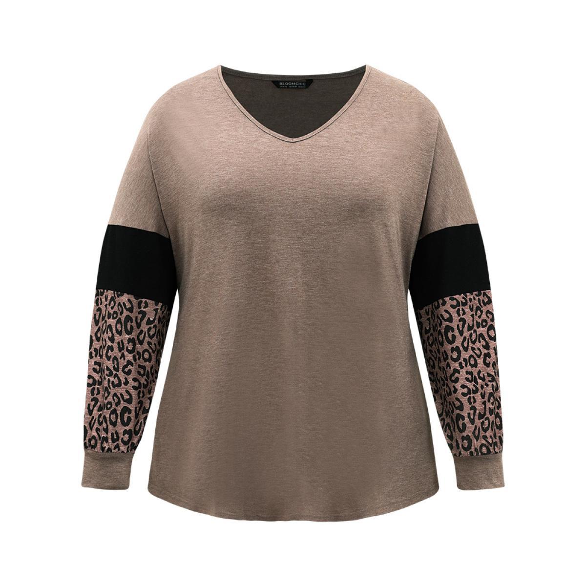 Plus Size Leopard Patchwork Contrast Dolman Sleeve T-shirt LightBrown Women Casual Contrast Leopard V-neck Dailywear T-shirts BloomChic 12/L Product Image