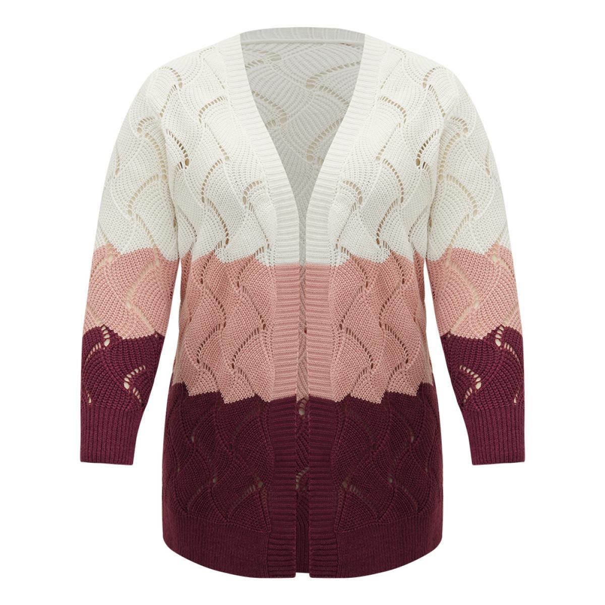 Plus Size Colorblock Contrast Open Front Eyelet Cardigan Multicolor Women Casual Loose Long Sleeve Dailywear Cardigans BloomChic 12/L Product Image