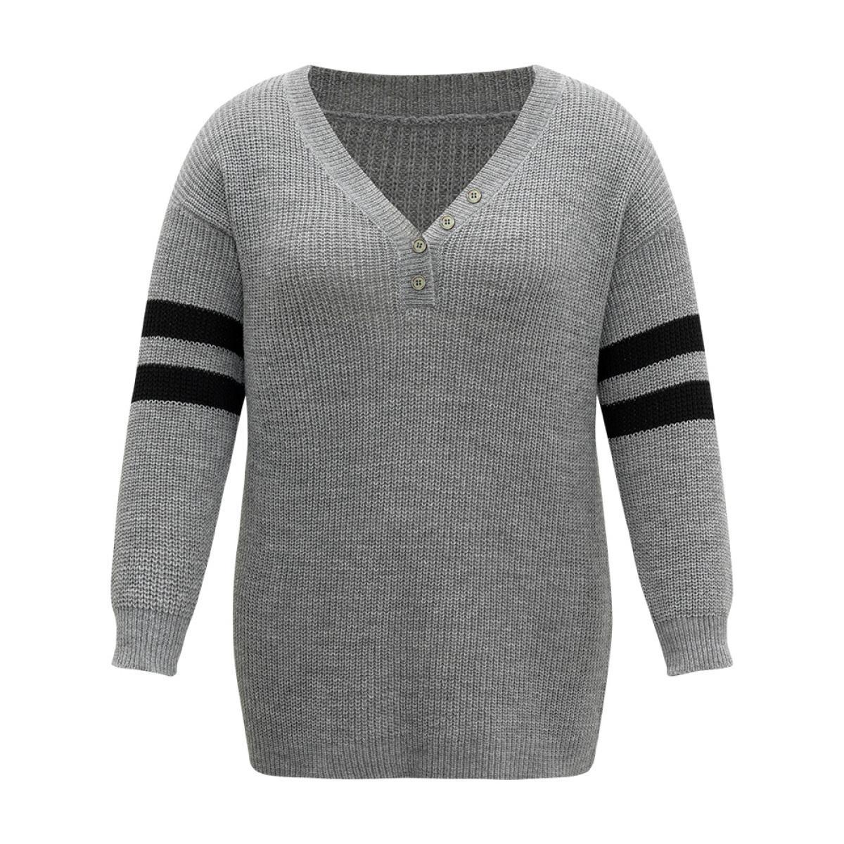 Plus Size Anti-Pilling Striped Button Detail Pullover DarkGray Women Casual Long Sleeve V-neck Dailywear Pullovers BloomChic 22-24/3X Product Image