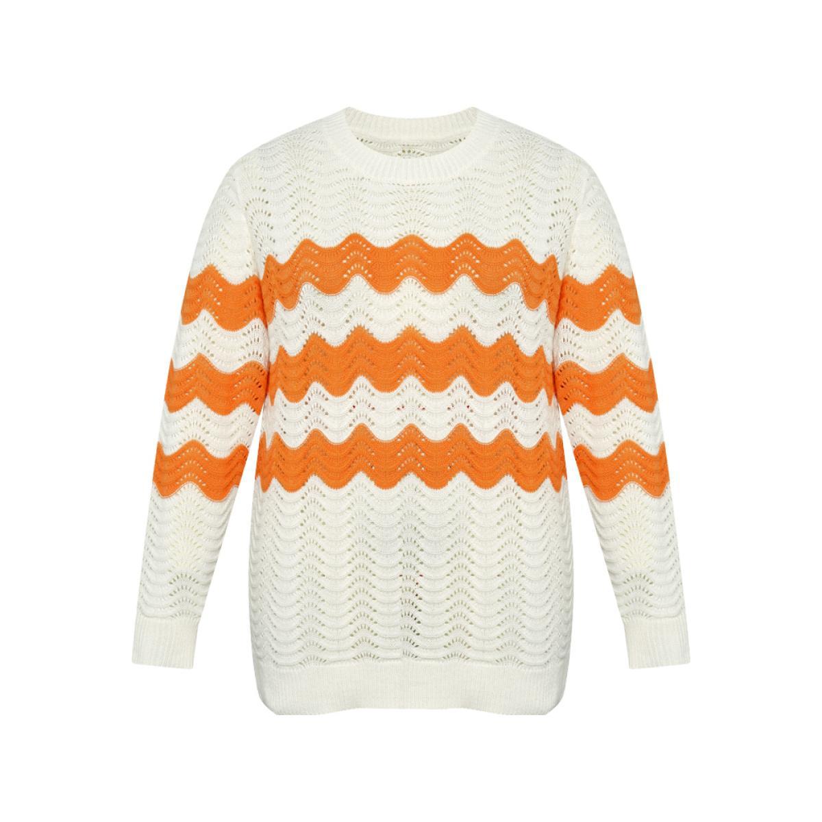 Plus Size Two Tone Eyelet Drop Shoulder Pullover Orange Women Casual Bodycon Long Sleeve Round Neck Dailywear Pullovers BloomChic 22-24/3X Product Image