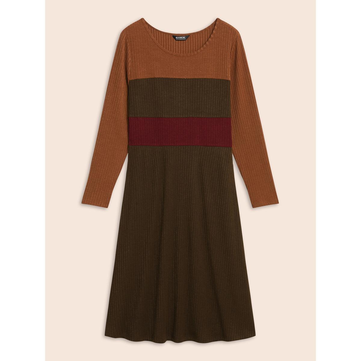 Plus Size Colorblock Contrast Textured Pocket Dress Browncoffeecolor Women Casual Texture Round Neck Long Sleeve Curvy BloomChic 10/M Product Image