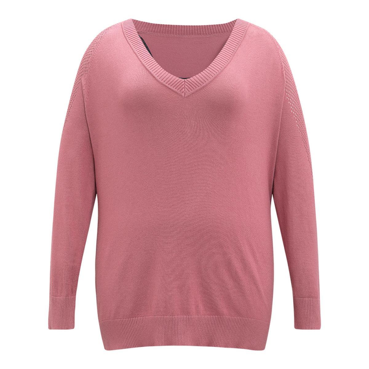 Plus Size Supersoft Essentials Solid Cut Out Patchwork Pullover DustyPink Women Casual Loose Long Sleeve V-neck Dailywear Pullovers BloomChic 14-16/1X Product Image