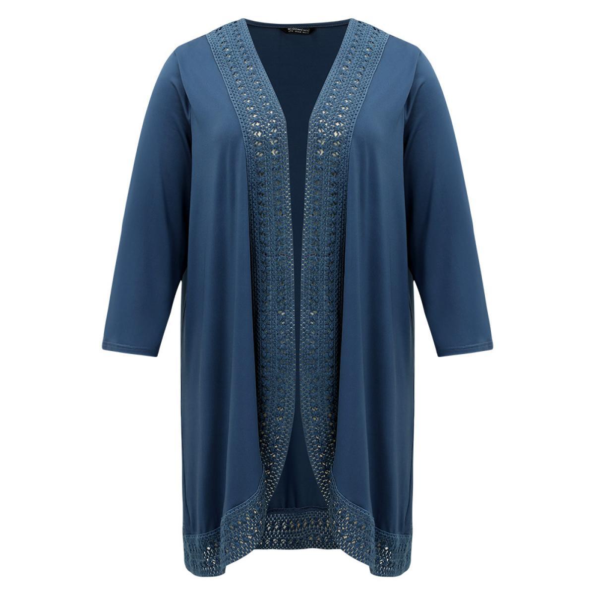 Plus Size Supersoft Essentials Plain Lace Patchwork Open Front Kimono Women DarkBlue Casual Plain Dailywear Kimonos BloomChic 14-16/1X Product Image