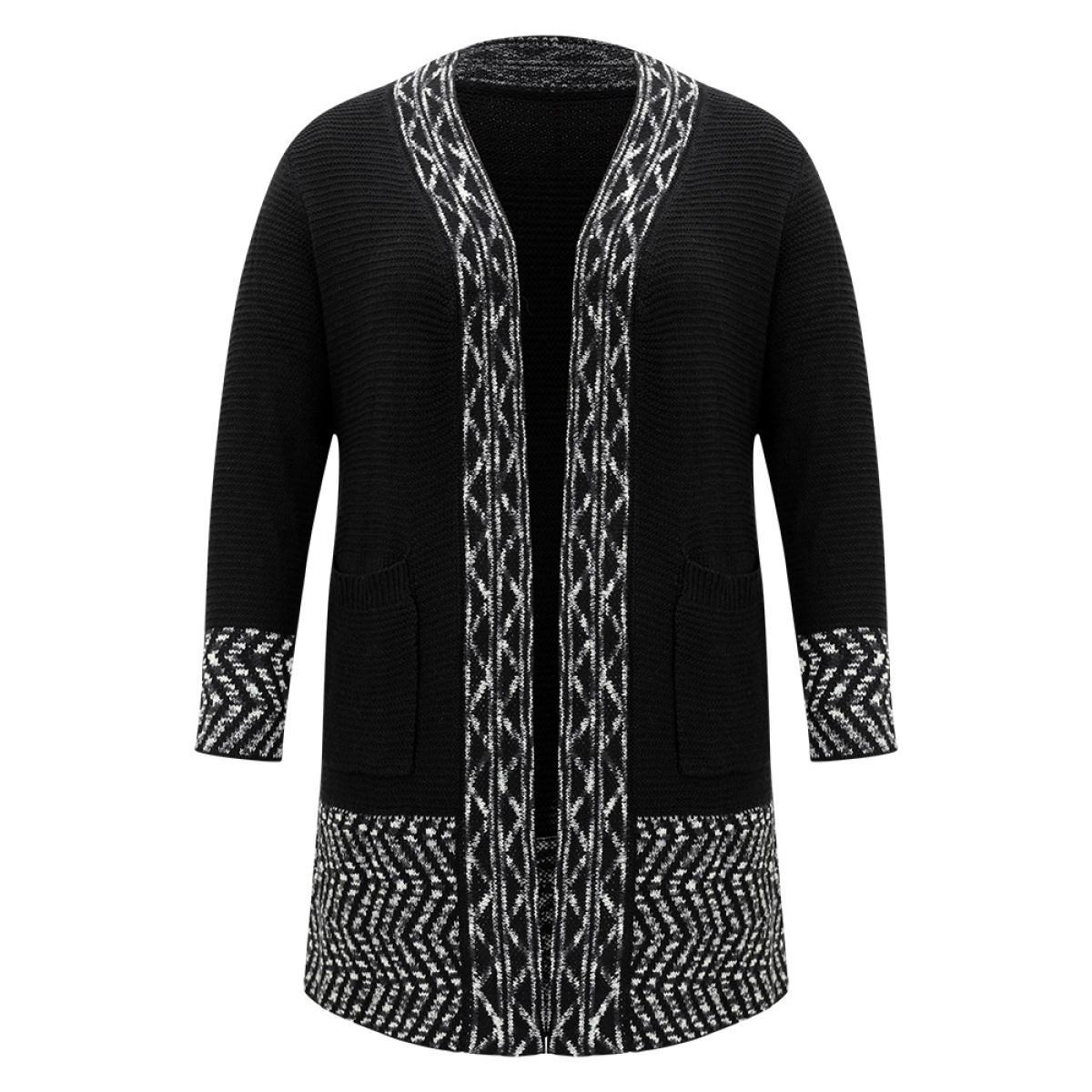 Plus Size Bandana Trim Patched Pocket Cardigan Black Women Casual Loose Long Sleeve Everyday Cardigans BloomChic 18-20/2X Product Image