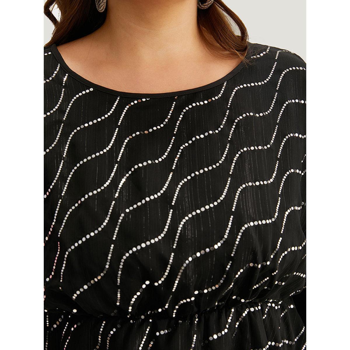Plus Size Black Chiffon Rhinestone Mesh Patchwork Elastic Waist Blouse Women Glamour Half Sleeve Round Neck Going out Blouses BloomChic 18-20/2X Product Image