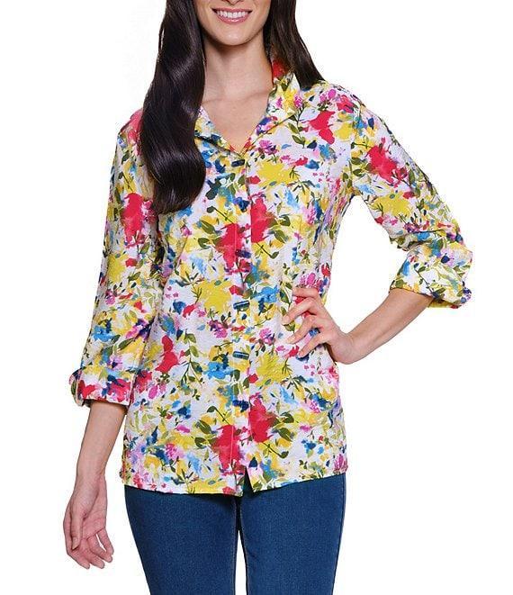 Ali Miles Printed Wire Collar 3/4 Sleeve Button Front Tunic Product Image