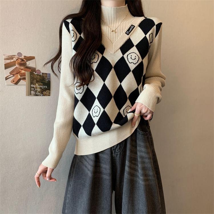 Long-Sleeve Mock Neck Mock Two-Piece Smiley Face Print Panel Knit Top Product Image