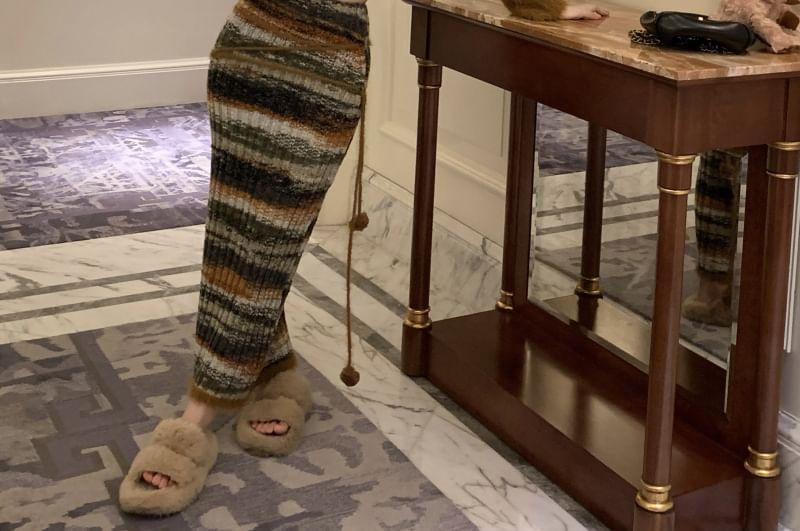 Long-Sleeve Crew Neck Plain Fluffy Crop Knit Top / High Rise Color Block Midi Pencil Skirt Product Image