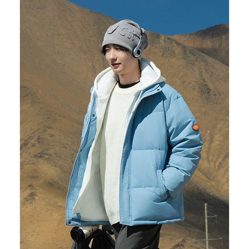 Mock Two-Piece Applique Drawstring Hooded Down Zip Jacket Product Image