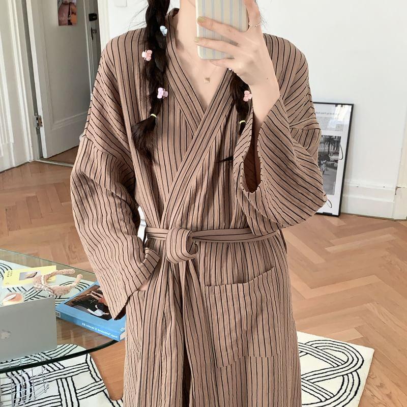 V-Neck Striped Tie Front Robe Product Image