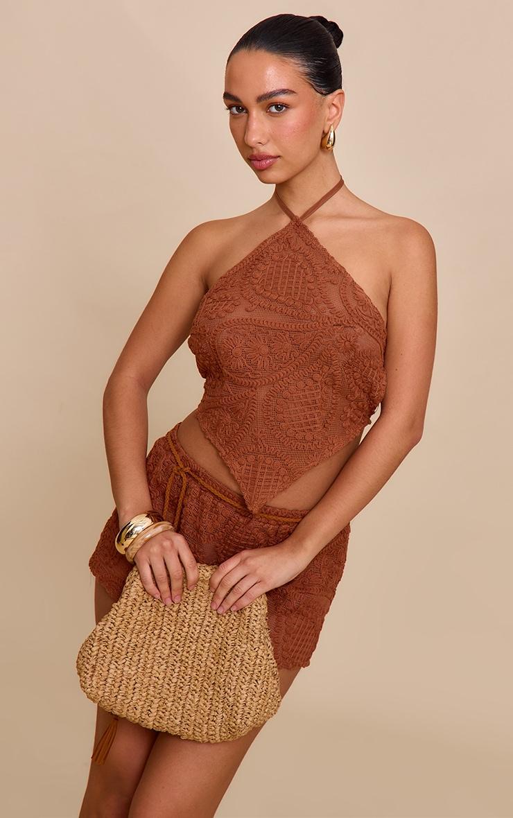 Burnt Orange Textured Embroidered Mid Rise Mini Shorts Product Image