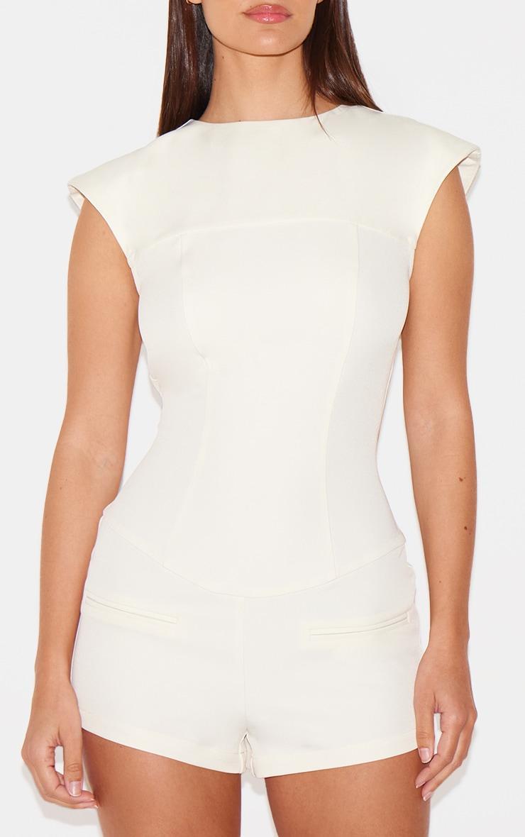 Cream Tailored Woven Boatneck Cap Sleeve Romper Product Image
