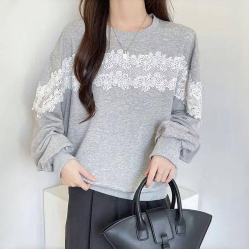 Long-Sleeve Round Neck Lace Trim Sweatshirt Product Image