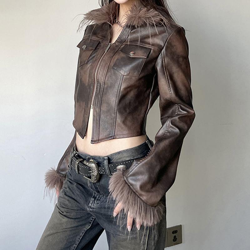 Fluffy Collared Faux Leather Zip Cropped Jacket Product Image