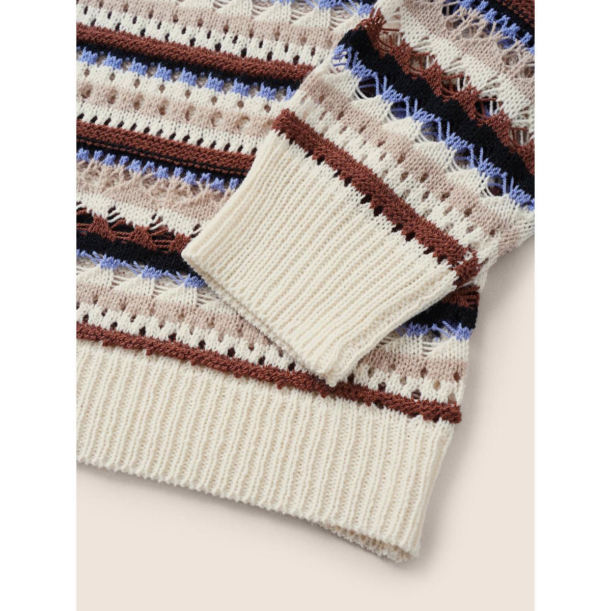 Plus Size Striped Contrast Drop Shoulder Hollow Out Pullover Beige Women Casual Long Sleeve Round Neck Everyday Pullovers BloomChic 28/5X Product Image
