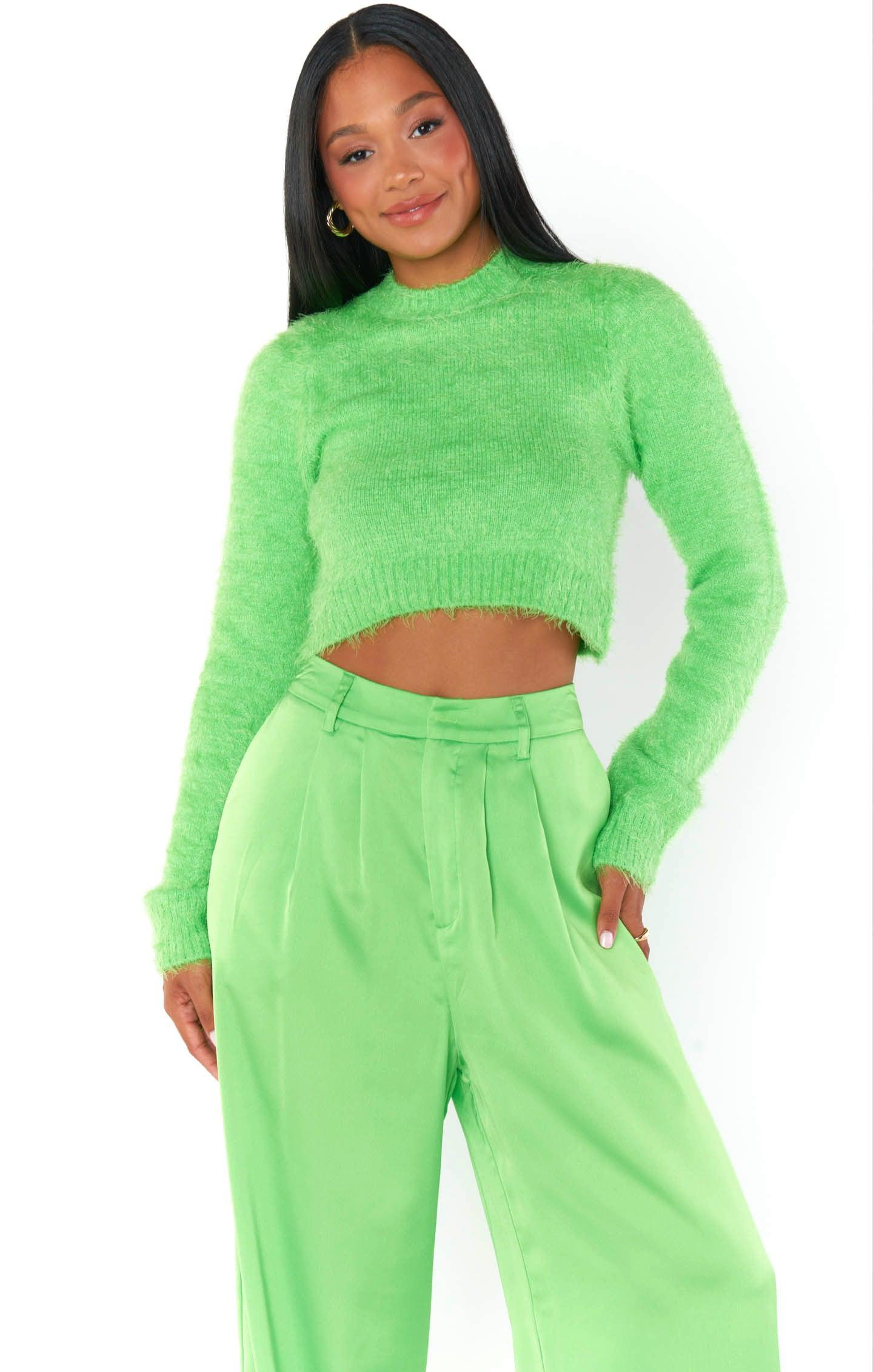 Cropped Varsity Sweater ~ Bright Green Fuzzy Knit Female Product Image