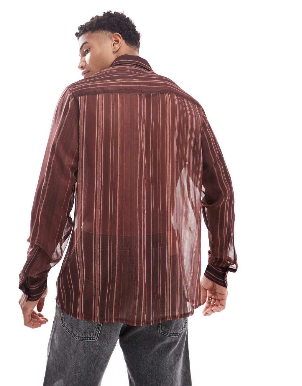 ASOS DESIGN relaxed striped sheer shirt in brown Product Image