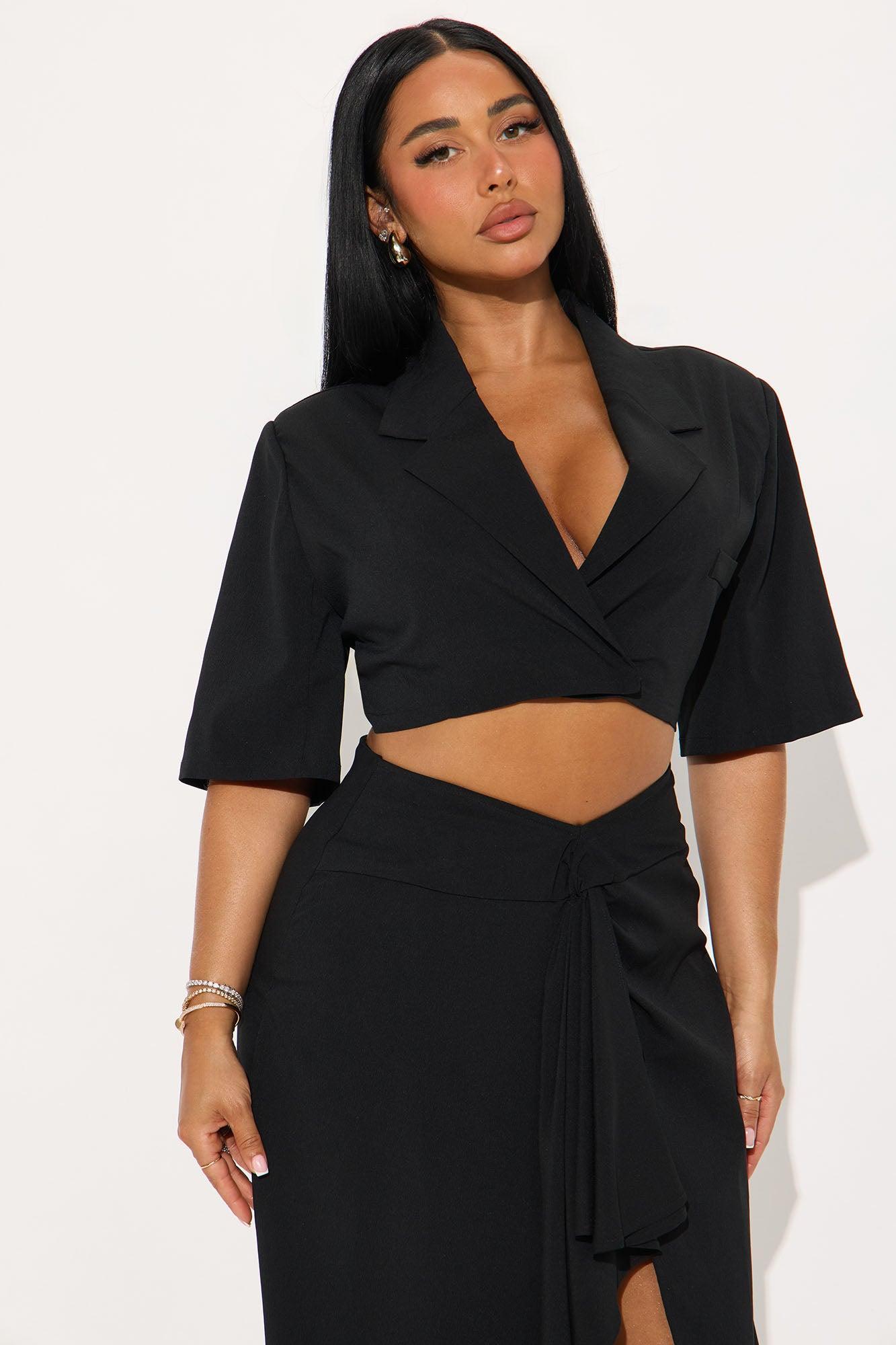 Sasha Cropped Blazer And Midi Skirt Set - Black Product Image