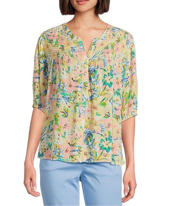 Crinkle Gauze Floral Crew Neck Elbow Sleeve Smocked Detail Button-Front Blouse Product Image