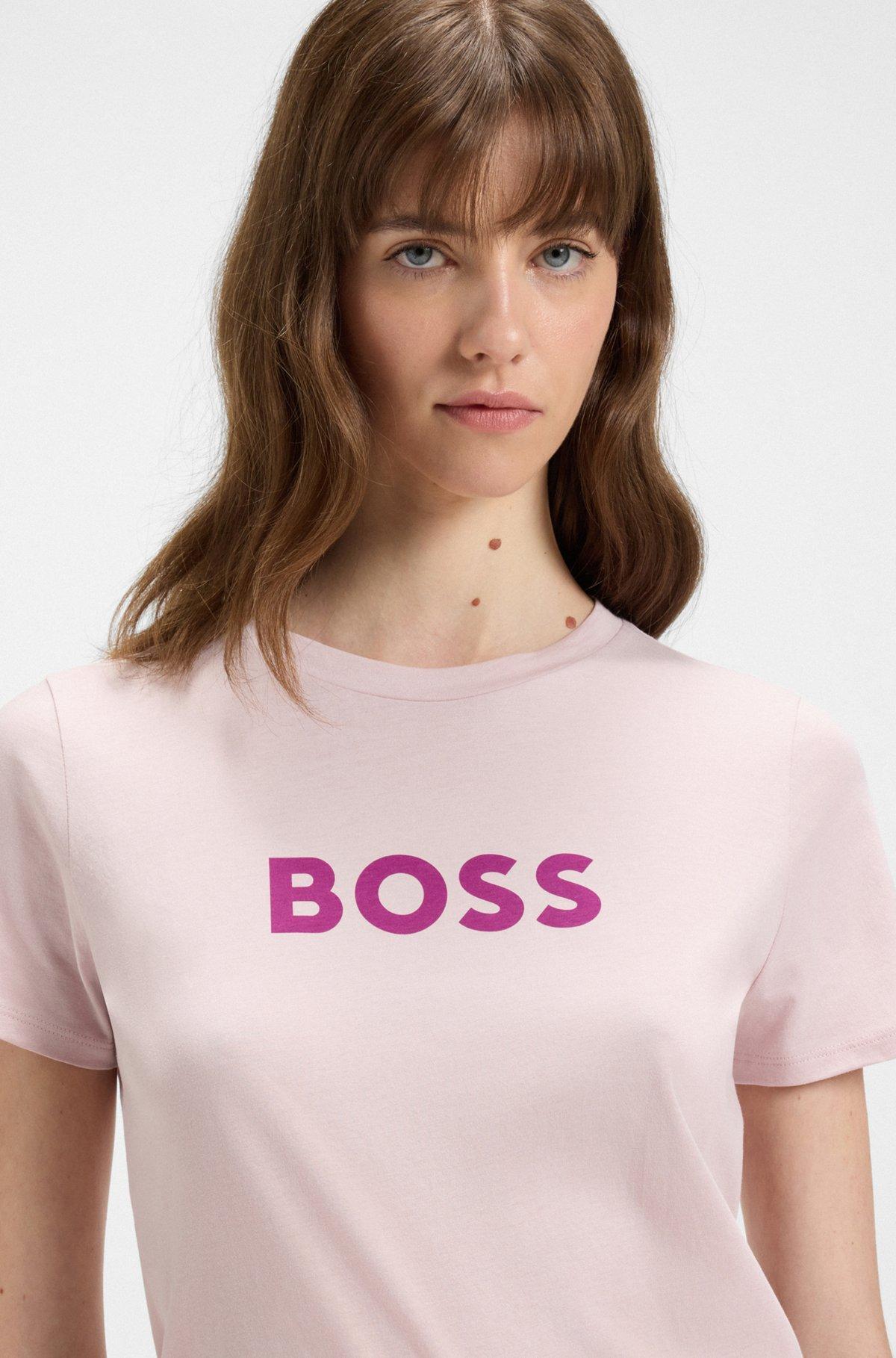 BOSS - Cotton T-shirt with contrast logo stripe - Light Purple Product Image