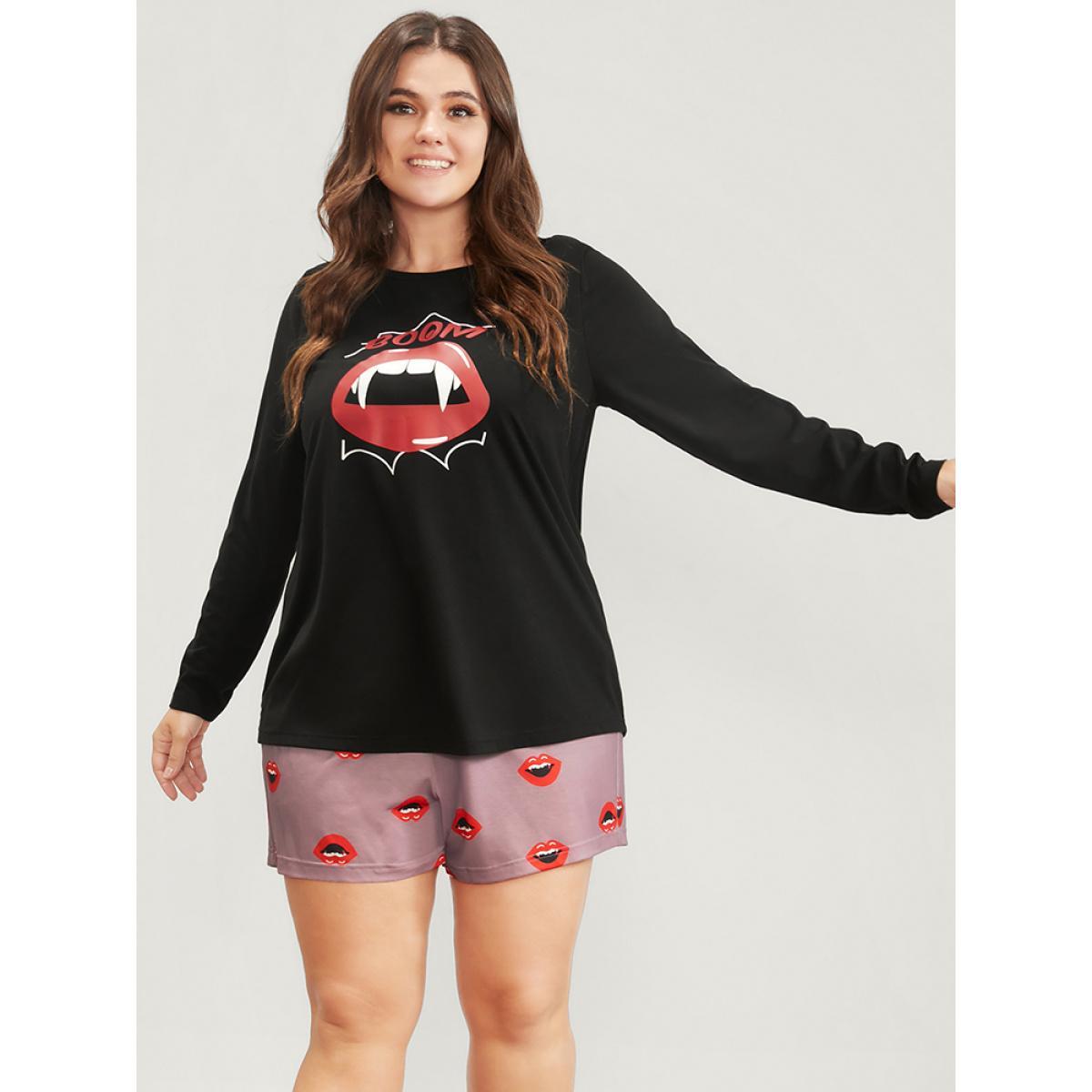 Plus Size Halloween Lip Print Pajama Set Women Black Graphic-Halloween Printed Long Sleeve Round Neck Casual Loungewear Sets BloomChic 22-24/3X Product Image