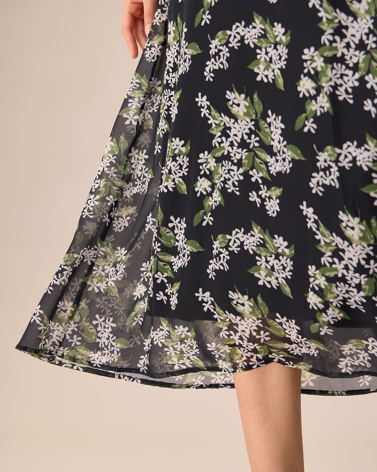 Women's Black Floral Shirred Midi Dress Female Product Image