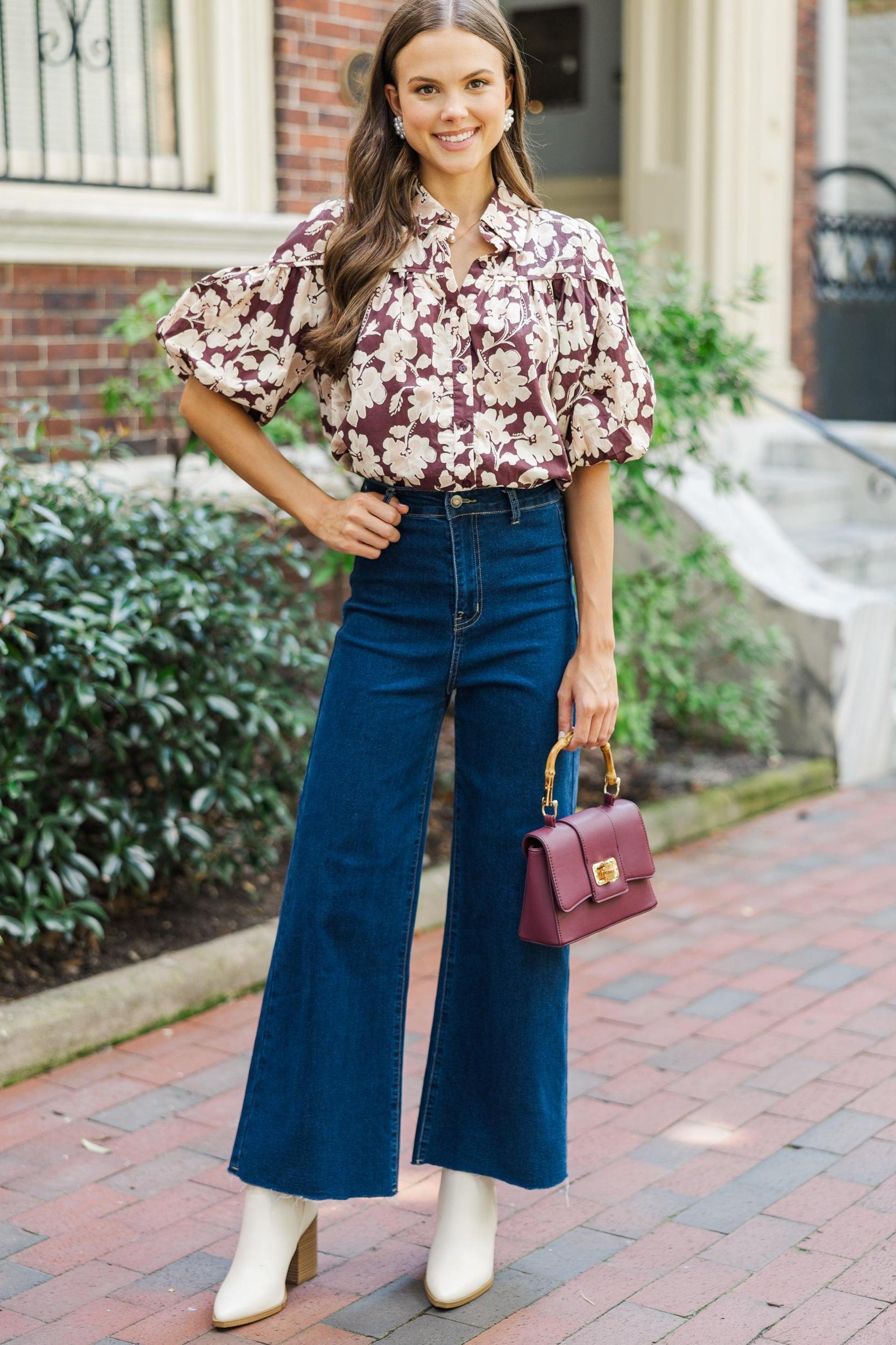 Better Than You Know Burgundy Floral Puff Sleeve Blouse Female Product Image