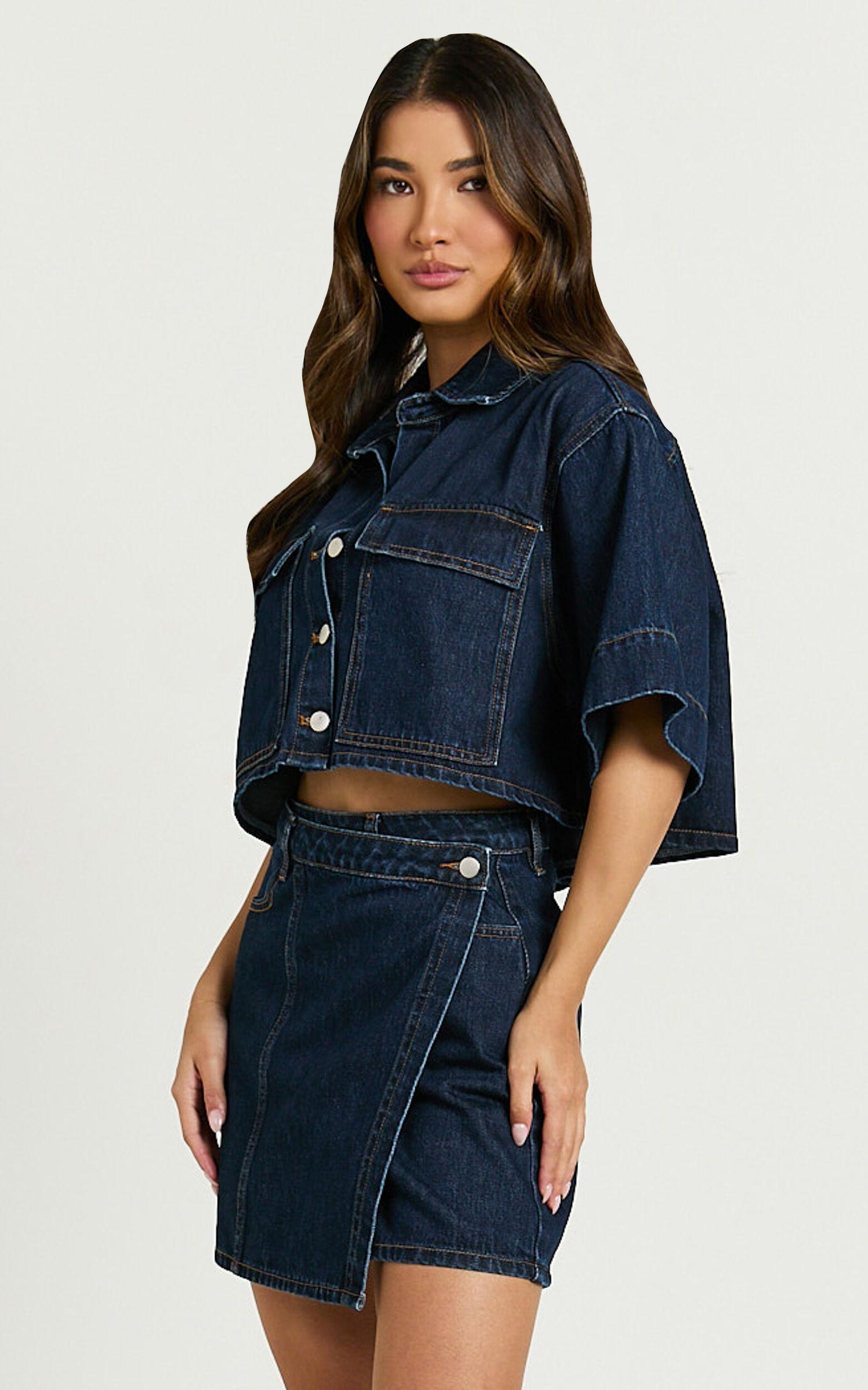 Katherine Mini Skirt - Cross Front Recycled Denim Skirt in Dark Blue Wash Product Image