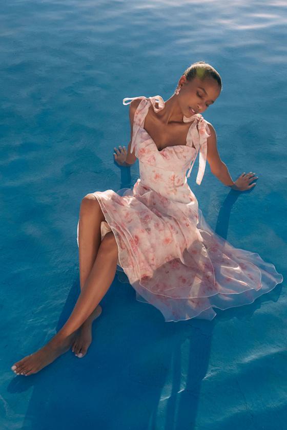 Cliona Blush Pink Floral Pleated Tie-Strap Maxi Dress Product Image