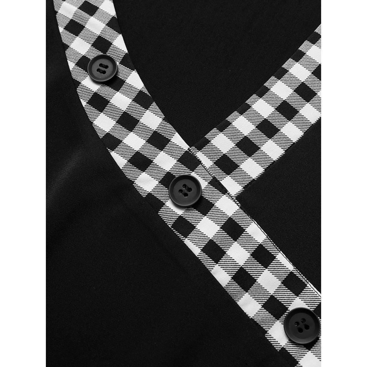 Plus Size Black Checkered Patchwork Asymmetrical Neck Button Detail Blouse Women Office Long Sleeve Asymmetrical Neck Work Blouses BloomChic 26/4X Product Image