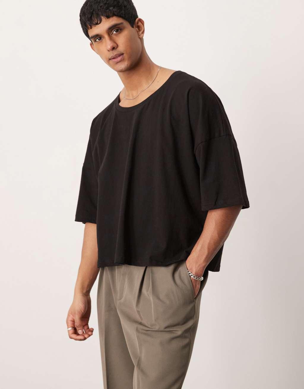 ASOS DESIGN oversized dropped shoulder boxy T-shirt with scoop neck in black Product Image
