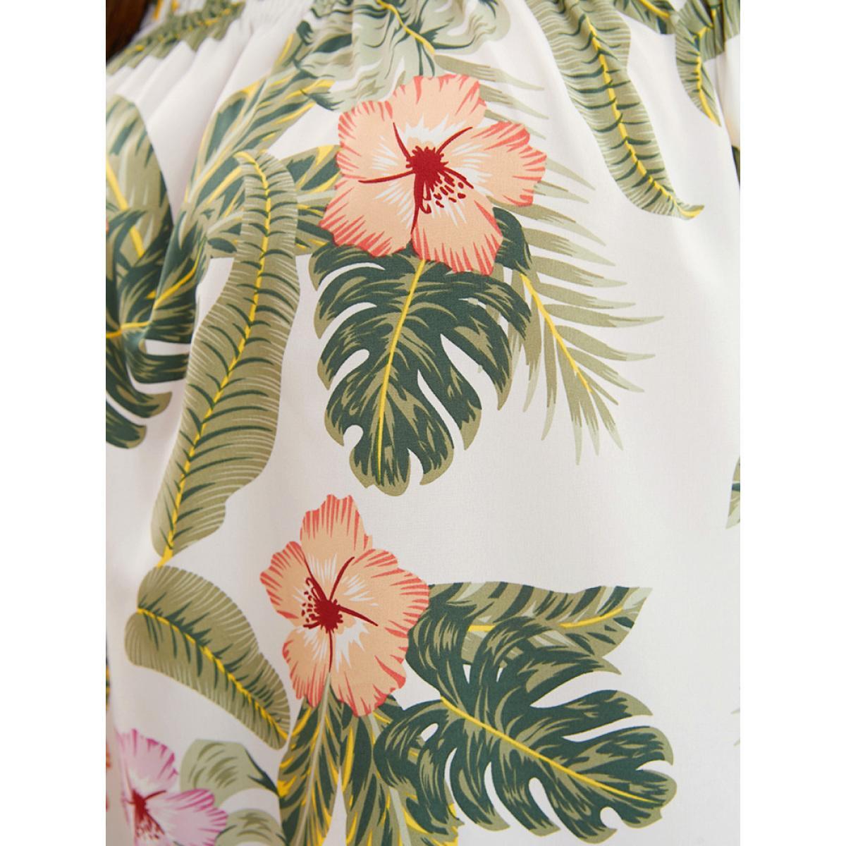 Plus Size White Tropical Print Off Shoulder Lantern Sleeve Blouse Women Vacation Short sleeve One-shoulder neck Dailywear Blouses BloomChic 10/M Product Image