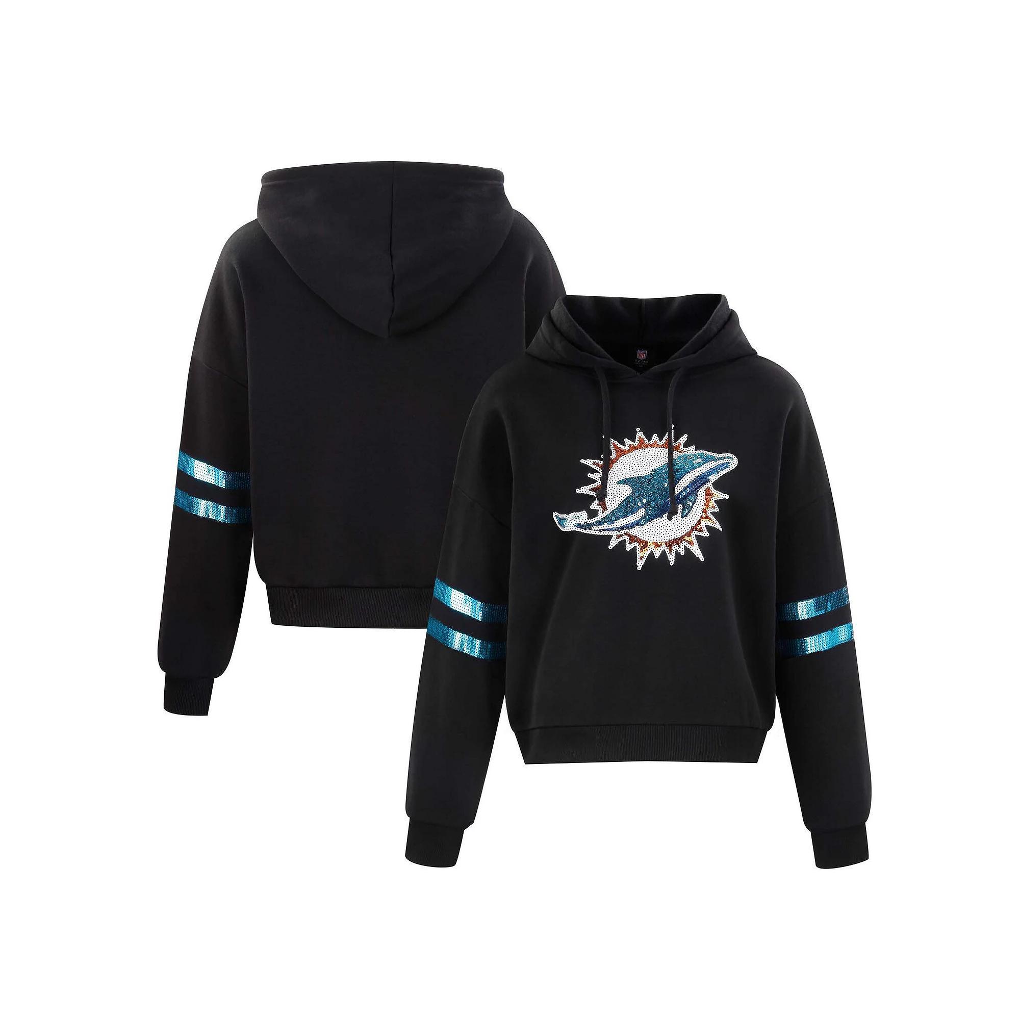 Women's Cuce Black Miami Dolphins Cropped Sequins Pullover Hoodie, Size: XL Product Image